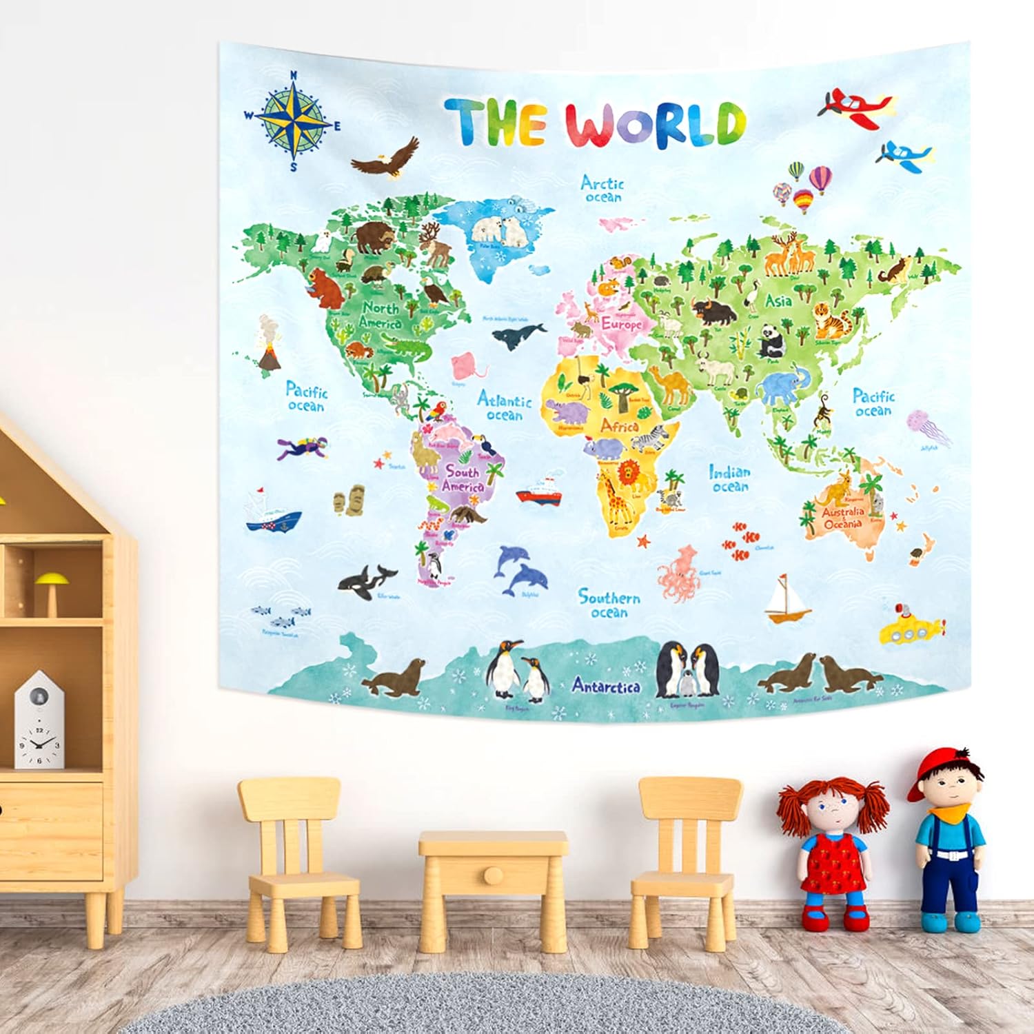Kids Education World - Детская карта мира, настенный гобелен, образовательная